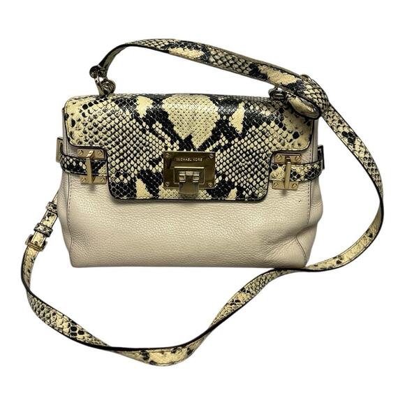 Michael Kors Astrid Medium Top Handle Embossed Leather Satchel Cream Snake - Picture 1 of 10